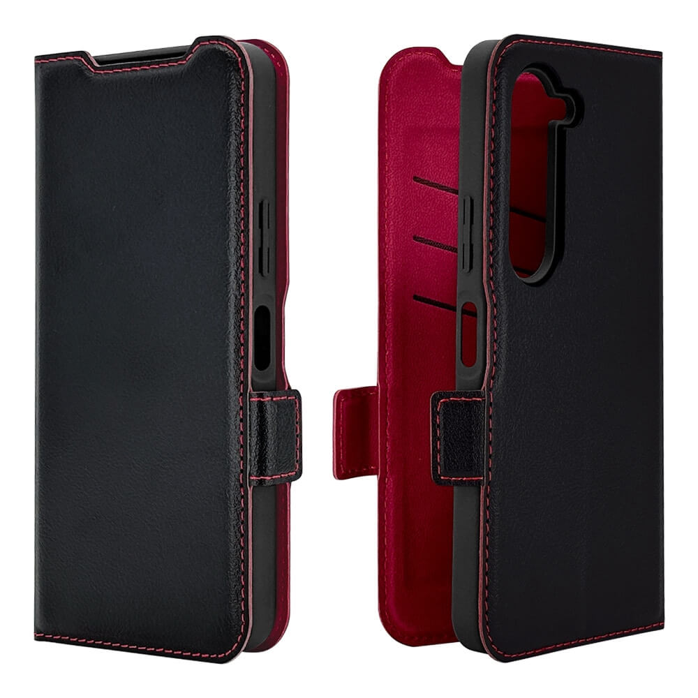 arrows Alpha スマホケース 手帳型 薄型 耐衝撃吸収 カード入れ スタンド機能 slim Fit サイドマグネット ブラック×レッド