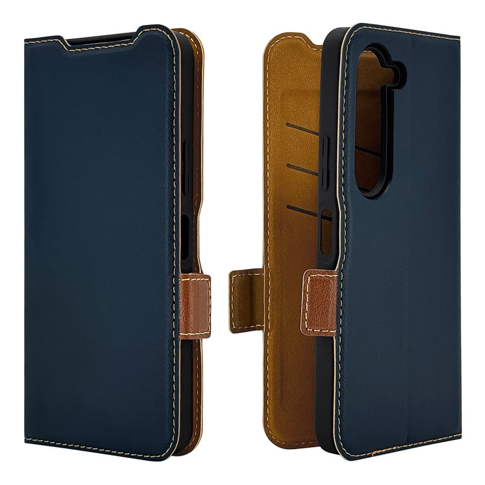 arrows Alpha スマホケース 手帳型 薄型 耐衝撃吸収 カード入れ スタンド機能 slim Fit サイドマグネット ネイビー×ブラウン