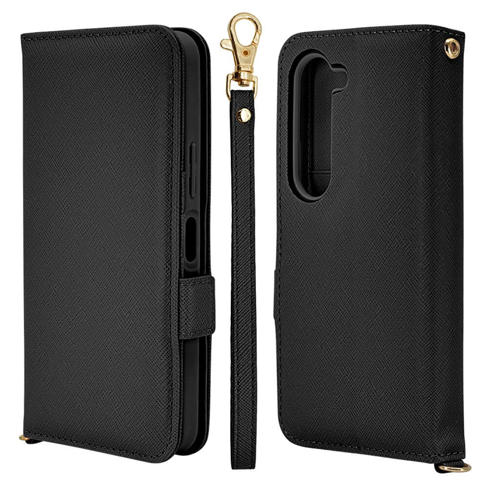 arrows Alpha スマホケース 手帳型 カード入れ スタンド機能 ハンドストラップ付き ブラック