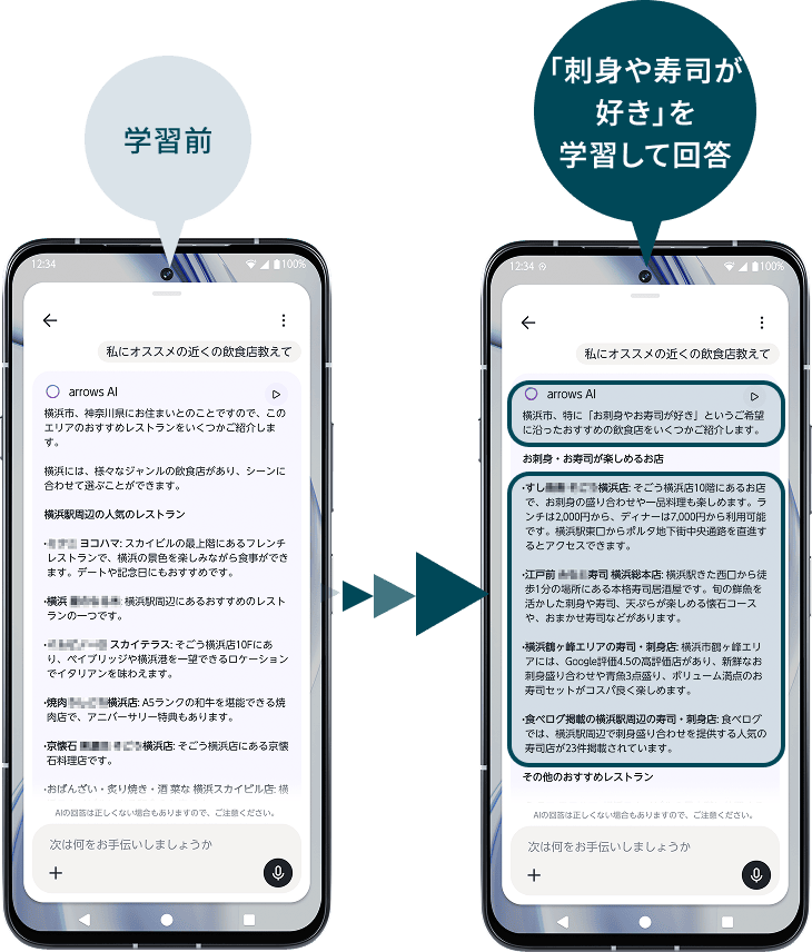 学習前｜「刺身や寿司が好き」を学習して回答