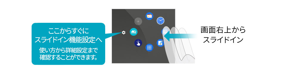 画面右上からスライドイン。左側の歯車アイコンからすぐにスライドイン機能設定へ。使い方から詳細設定まで確認することができます。