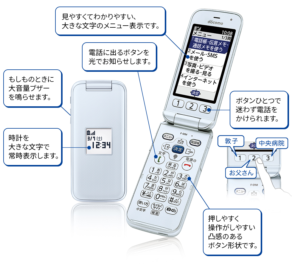 見やすくてわかりやすい、大きな文字のメニュー表示です。 電話に出るボタンを光でお知らせします。 ボタンひとつで迷わず電話をかけられます。 押しやすく操作がしやすい凸感のあるボタン形状です。 もしものときに大音量ブザーを鳴らせます。 時計を大きな文字で常時表示します。