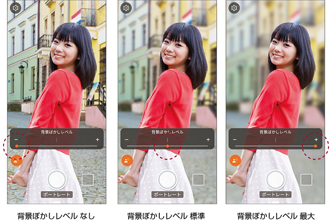 「背景ぼかしレベル なし」「背景ぼかしレベル 標準」「背景ぼかしレベル 最大」のイメージ